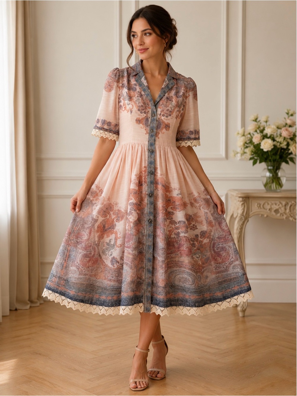 Paisley-Print Blush Midi Shirt Dress with Lace Trim